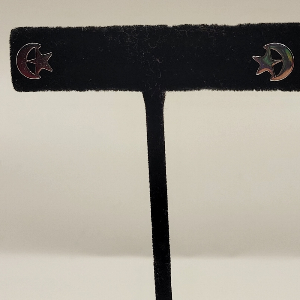 Modern Silver tone Star and Moon Pierced Earrings
